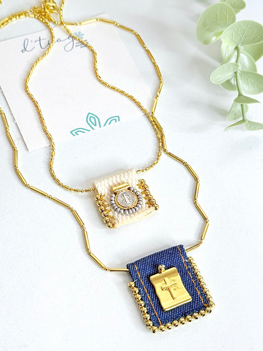 Denim Escapulario Necklace