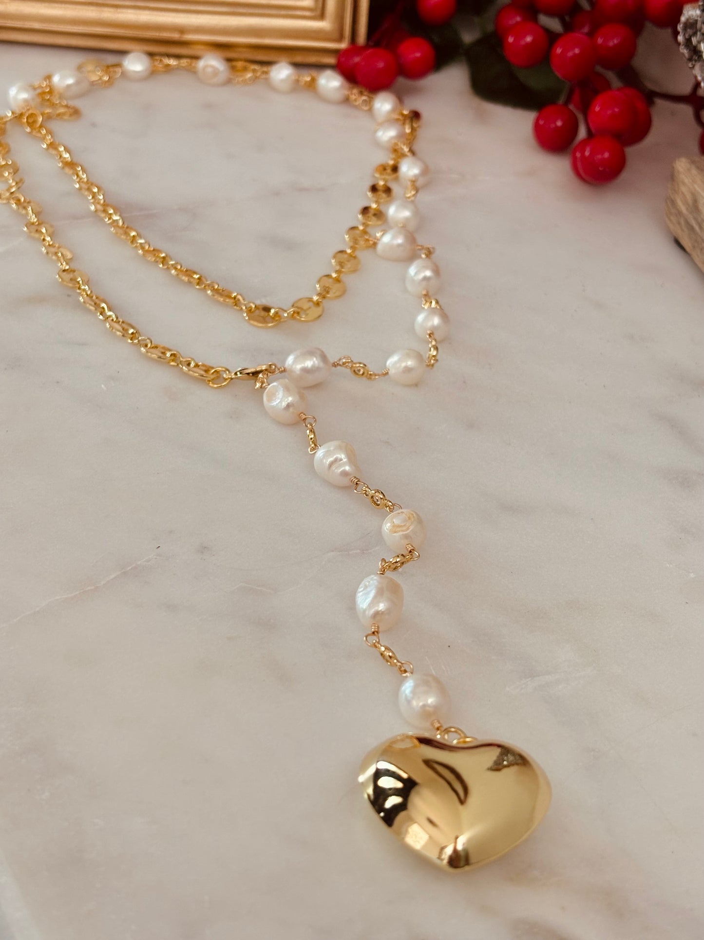 Long Pearl and Heart Necklace