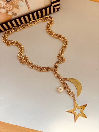 Star & Moon Long Aluminum Necklace