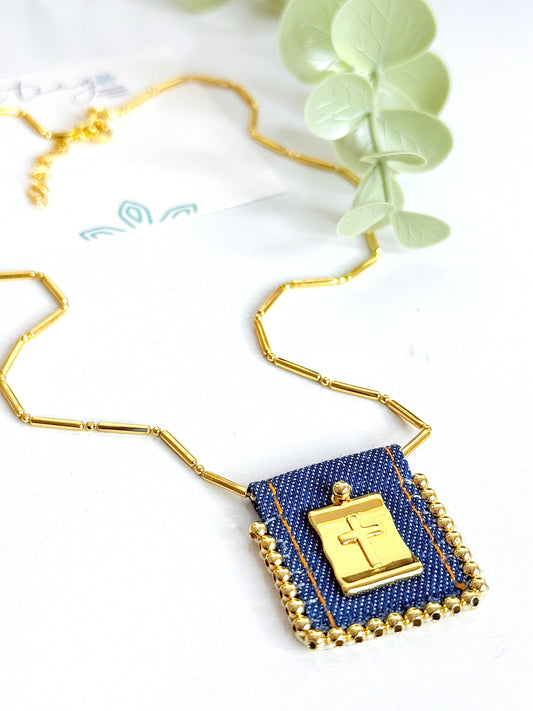Denim Escapulario Necklace