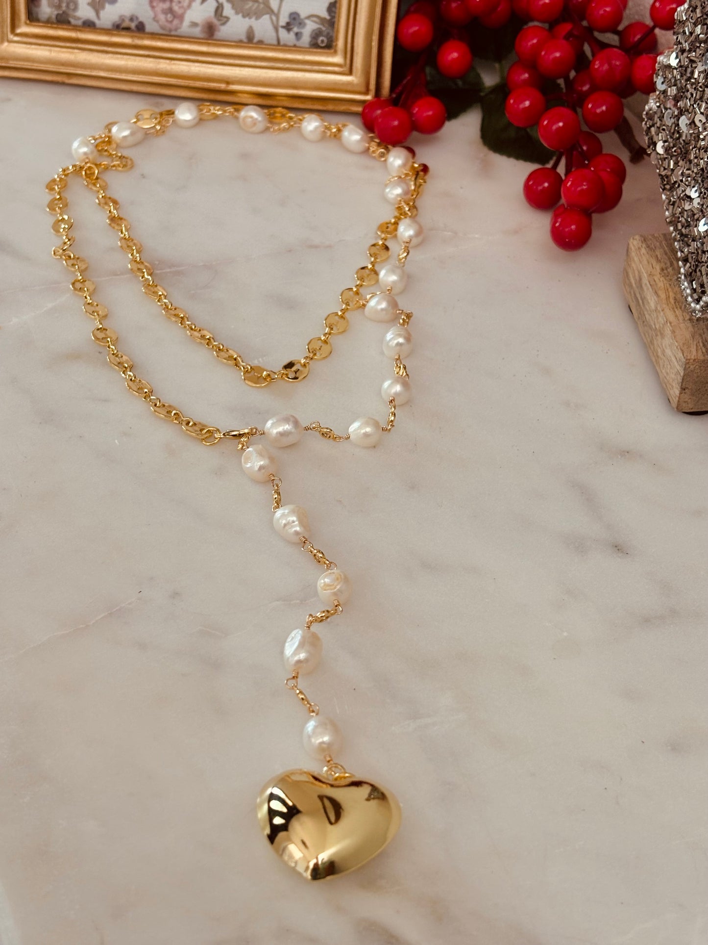 Long Pearl and Heart Necklace