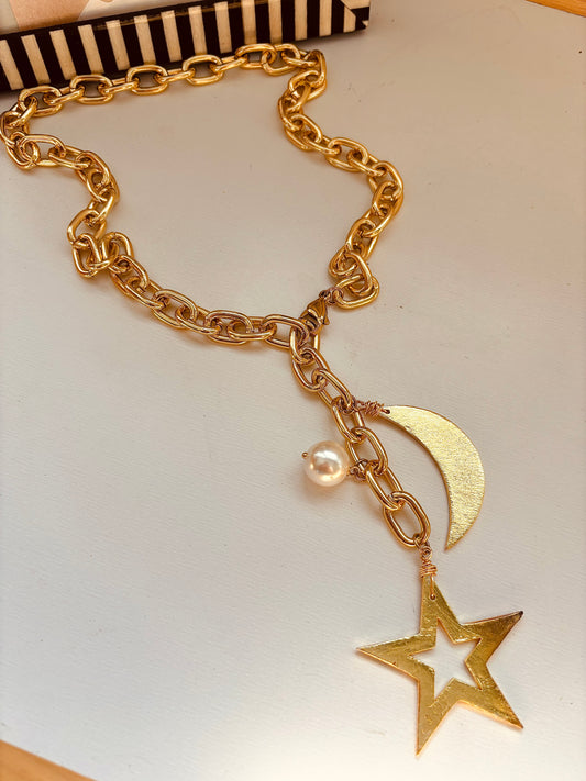 Star & Moon Long Aluminum Necklace